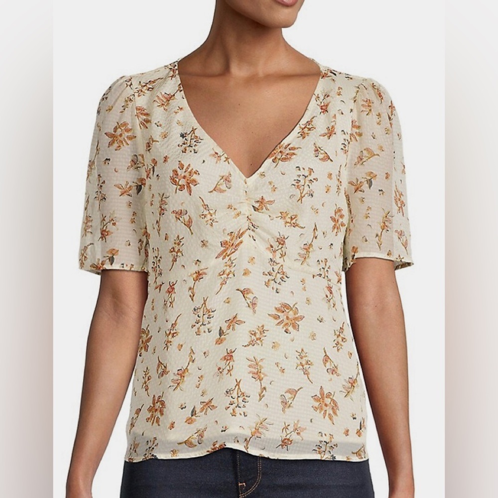 Madewell Floral Gingham Silk V-Neck Top, sz 0